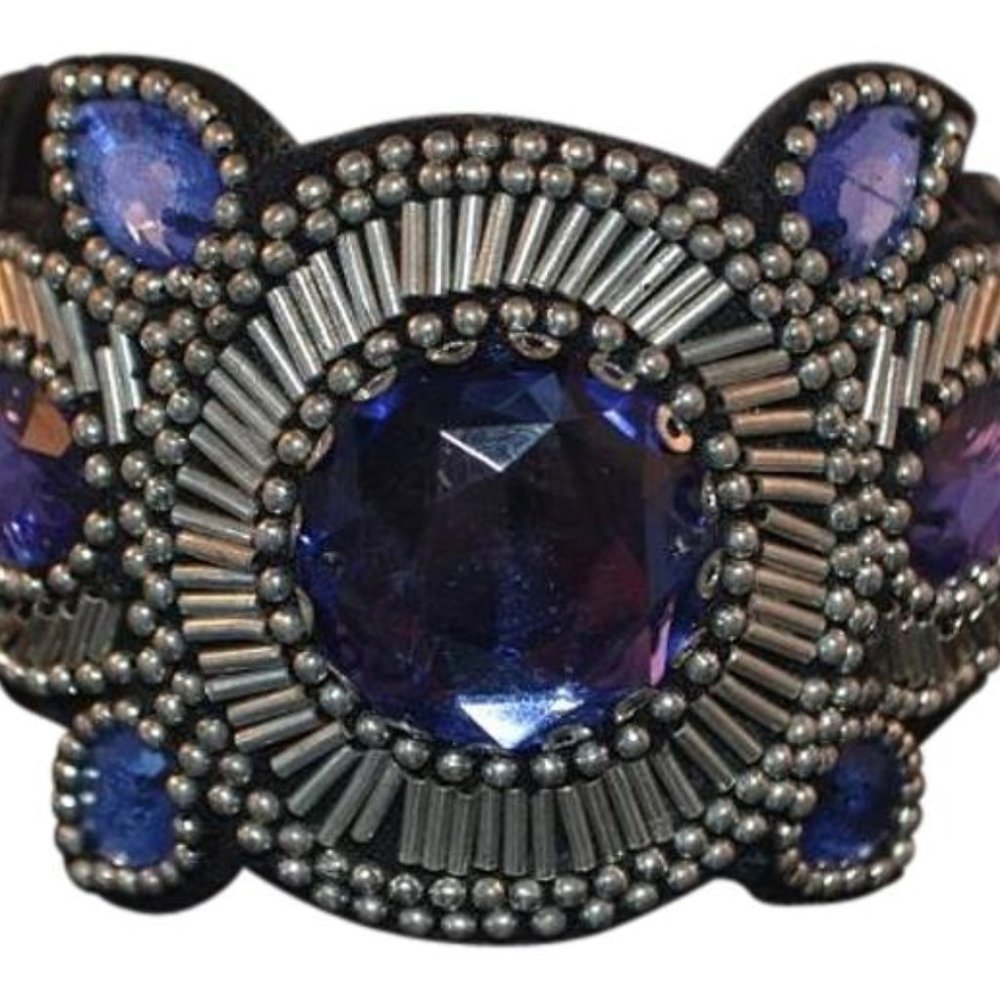 Leather Cuff W/Silver-tone w/Silver-tone Beading Bangle